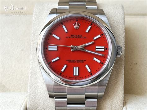 rolex oyster perpetual 41 coral red men's watch montreal